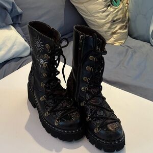 L’Artiste Black Floral Embroidered Lace-Up Platform Boots